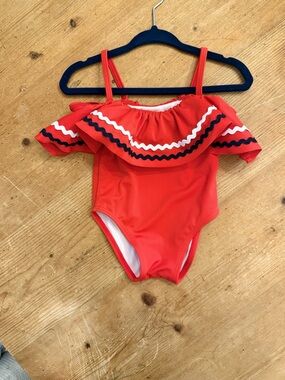 Janie and Jack Red Ruffle One-Piece Swimsuit with Navy & White Trim